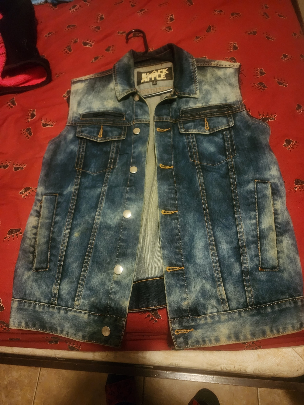 Men's Black Apple Distressed Blue Denim Vest Jacket